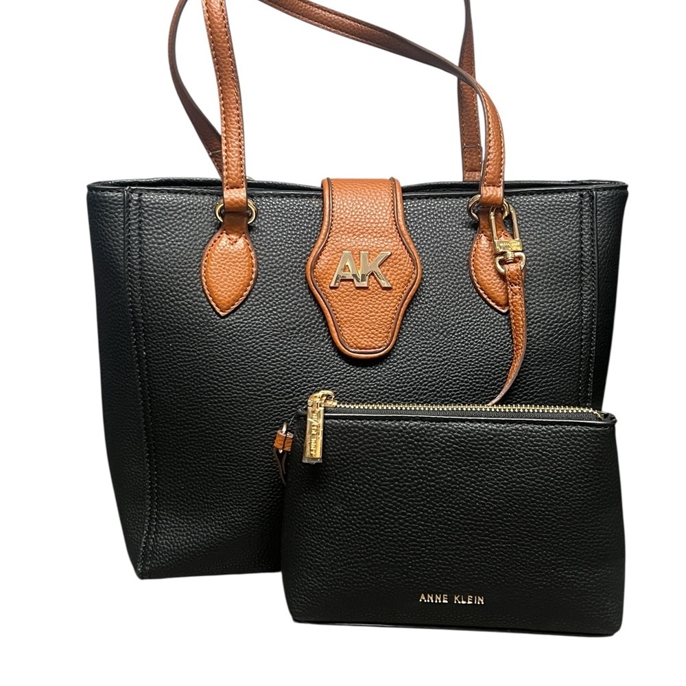 Anne Klein Black Tote with Tan Trim and Matching Pouch - Picture 2 of 4